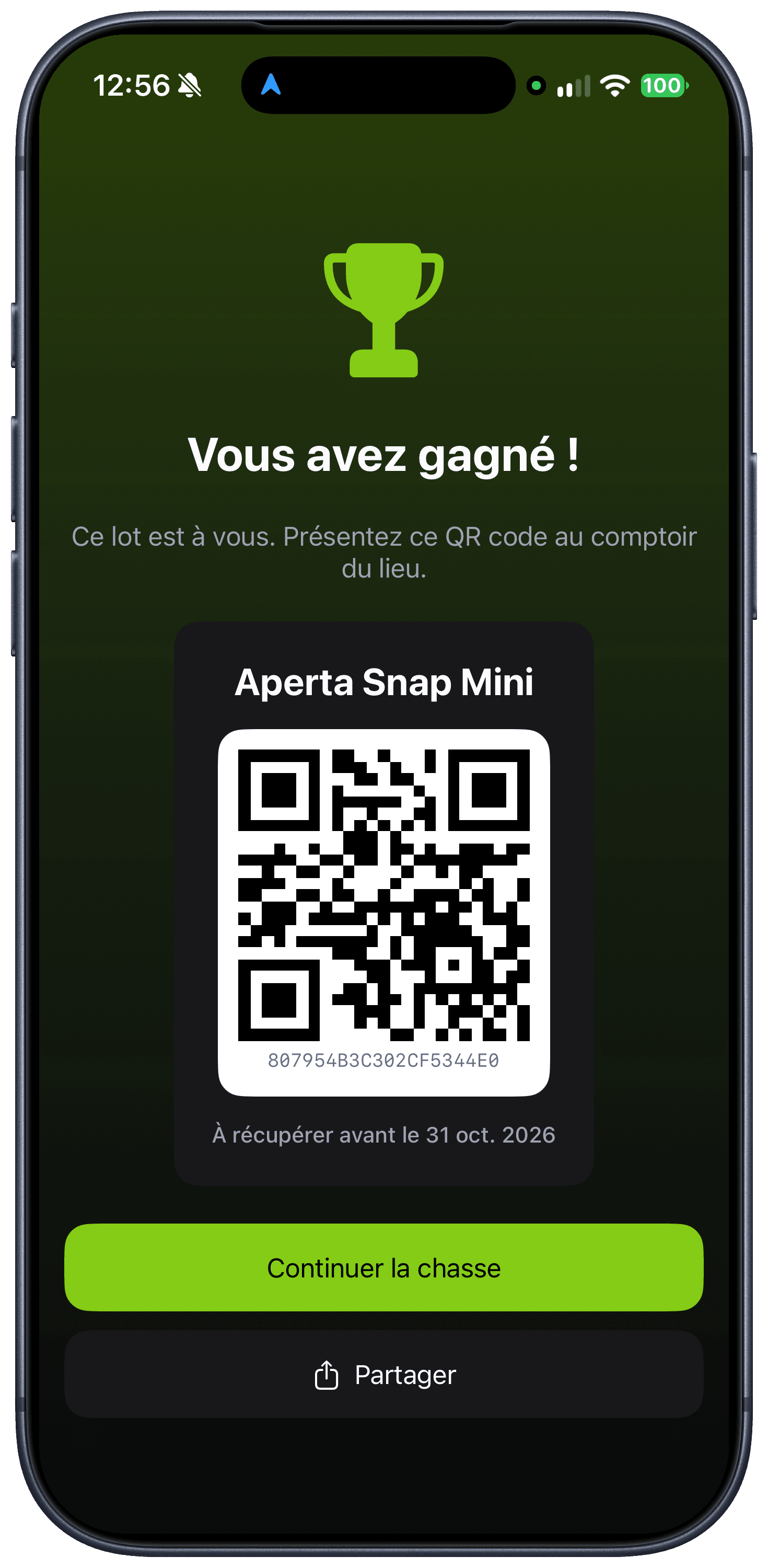 Seek & Win app, win screen: the prize and a QR code to collect it at the counter